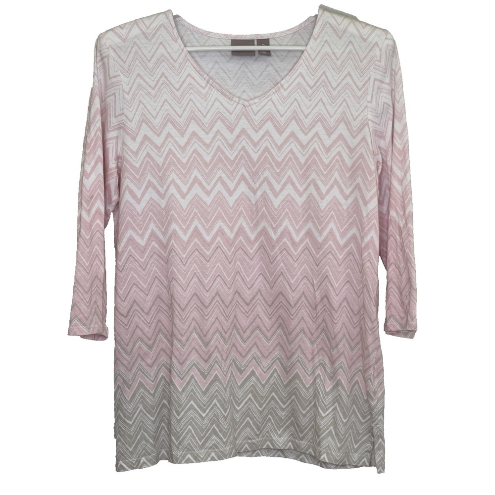 Chico's Pullover Top Womens Size 2 Pink White‎ Tan Chevron V-Neck Cotton Blend